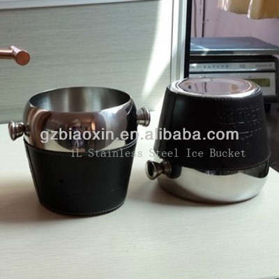 1L mini stainless steel ice bucket, ice bucket, small ice bucket with PU leather outside